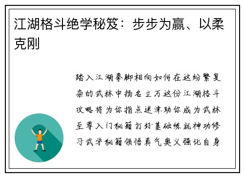 江湖格斗绝学秘笈：步步为赢、以柔克刚